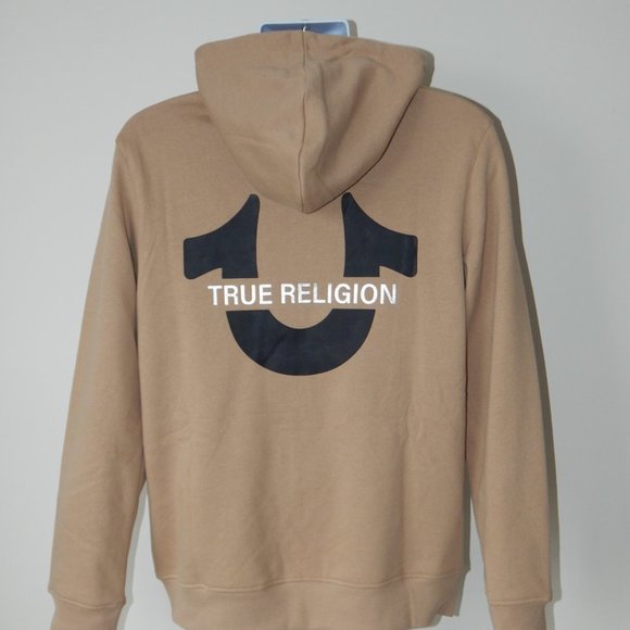 NWT MEN TRUE RELIGION Premium Horseshoe Logo Full Zip Fleece Hoodie Jacket Beige - Picture 1 of 6